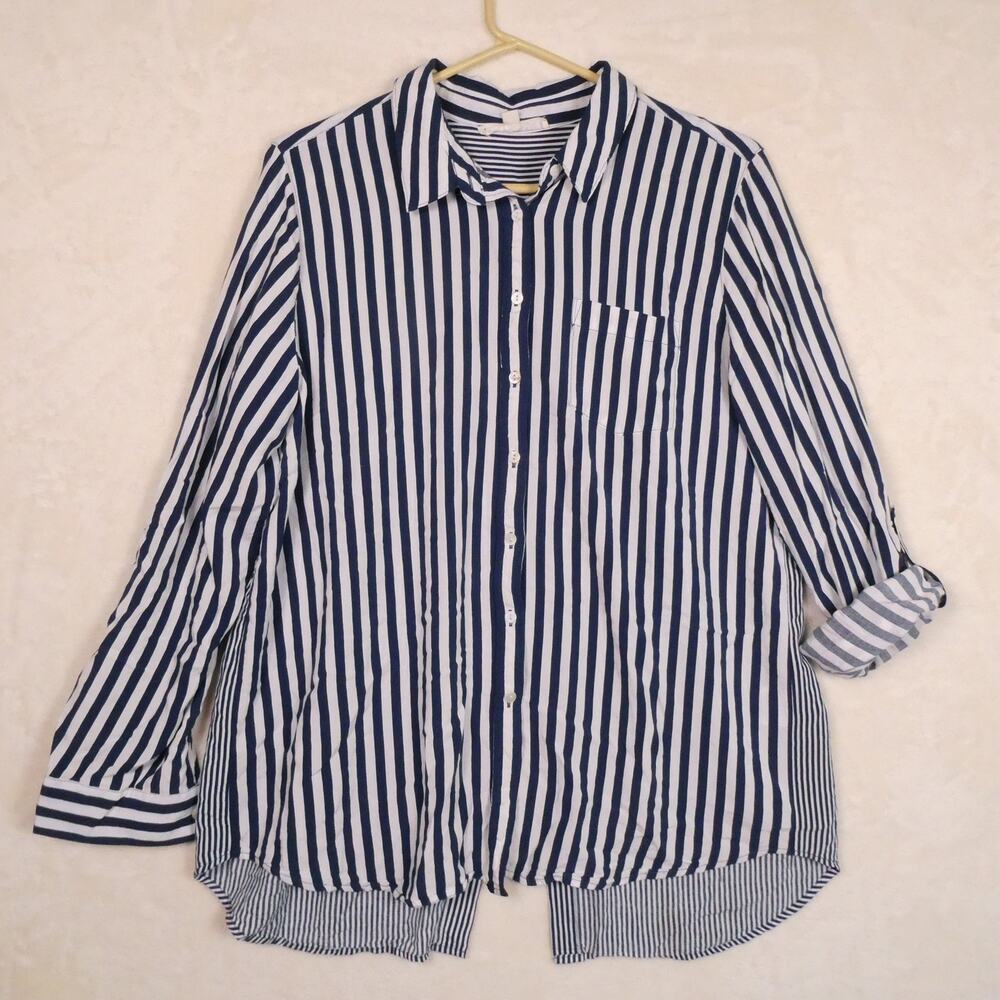 Jane & Delancey Striped Blue & White Shirt Size XL Coastal High Low Button Back
